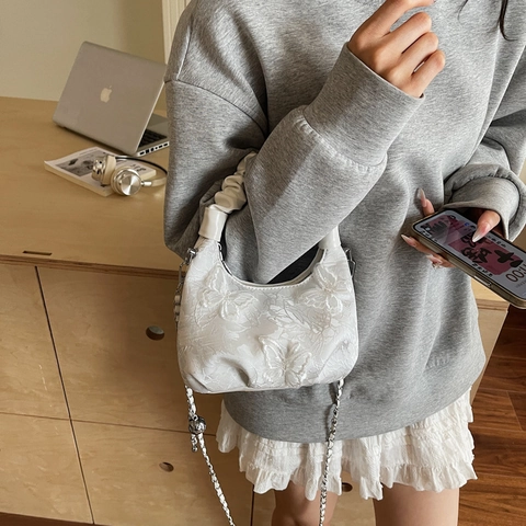 Women Crossbody Handbag Butterfly Embroidery Lace Dumpling Bag Ruched Handle Metal Chain Strap Sweet Romantic Design