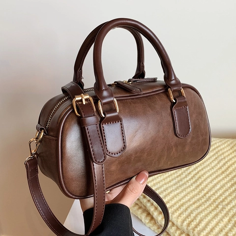 Bolso Boston Retro Cuero De PU Asas Dobles Correa Ajustable Color Sólido Bolso De Hombro Cruzado Para Mujer