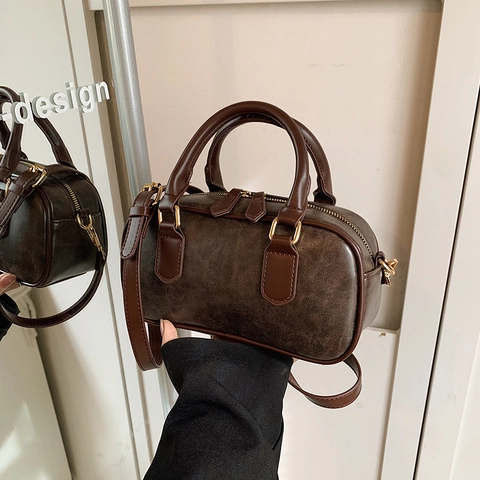 Bolso Boston Retro Cuero De PU Asas Dobles Correa Ajustable Color Sólido Bolso De Hombro Cruzado Para Mujer