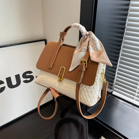 Borsa A Mano Tracolla Retrò In Pelle PU Intrecciata Patchwork Con Decorazione Sciarpa Di Raso Piccola Borsa Quadrata