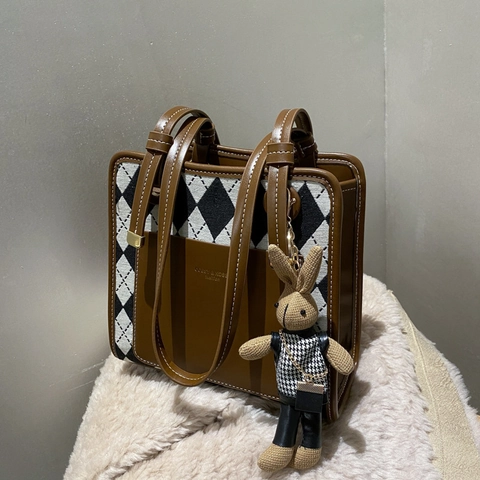 Argyle Patchwork Tas PU Leer Stof Tote Handtas Retro Stijl Dames Schoudertas Met Schattige Konijn Pluche Hanger Dagelijks