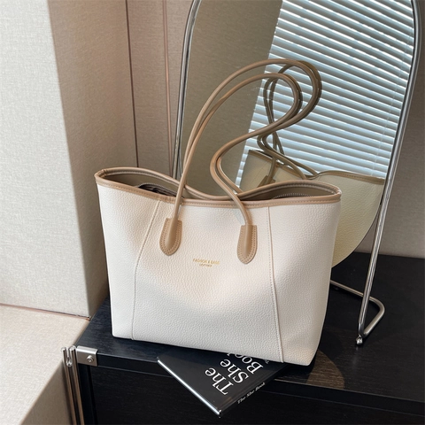 Bolso Tote De Gran Capacidad Cuero PU Texture Litchi Sencillo Vintage Bolso De Hombro Para Mujer Diario Oficina