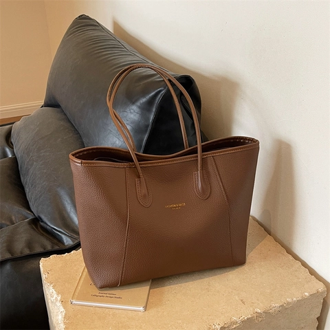 Bolso Tote De Gran Capacidad Cuero PU Texture Litchi Sencillo Vintage Bolso De Hombro Para Mujer Diario Oficina