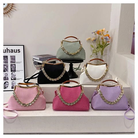 Pochette Intrecciata Pelle PU Manico In Legno Catena Metallo Dorato Decorazione Strass Borsa A Tracolla Donna Stile Retrò Francese