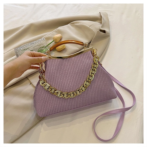Pochette Intrecciata Pelle PU Manico In Legno Catena Metallo Dorato Decorazione Strass Borsa A Tracolla Donna Stile Retrò Francese