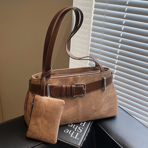 Vintage PU Leather Underarm Bag And Mini Coin Purse For Women Commute Street Style Solid Color Fashion Shoulder Bag