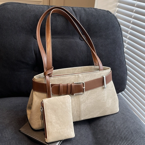 Vintage PU Leather Underarm Bag And Mini Coin Purse For Women Commute Street Style Solid Color Fashion Shoulder Bag