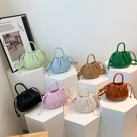 Women Ruched PU Leather Crossbody Bag Cloud Bucket Shape With Drawstring Square Buckle Shoulder Handbag Versatile