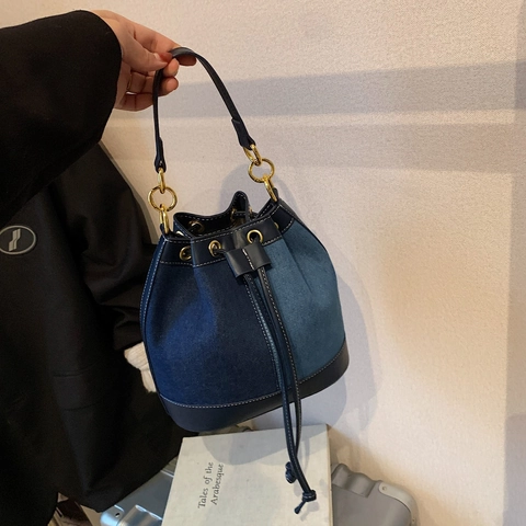 Borsa A Secchiello In Denim E Pelle Patchwork Retro Chiusura Con Coulisse Manico Anello Metallo Dorato Borsa Tracolla Donna