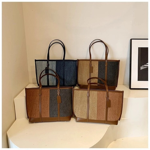 Bolso Tote Mujer Gran Capacidad Patchwork Cuero PU Textil Color Contraste Conmutador Bolso De Hombro Retro
