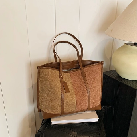 Bolso Tote Mujer Gran Capacidad Patchwork Cuero PU Textil Color Contraste Conmutador Bolso De Hombro Retro