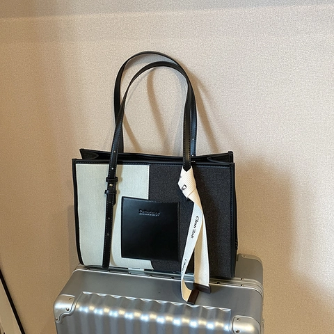 Borsa Tote Grande Capacità In Tela Denim E Pelle PU Moda Colore A Contrasto Borsa A Spalla Da Donna