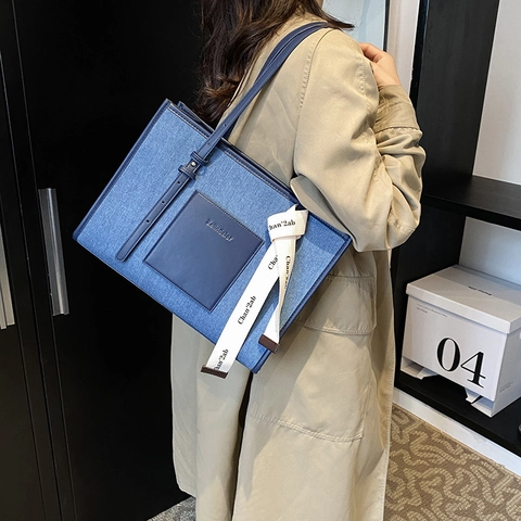 Borsa Tote Grande Capacità In Tela Denim E Pelle PU Moda Colore A Contrasto Borsa A Spalla Da Donna