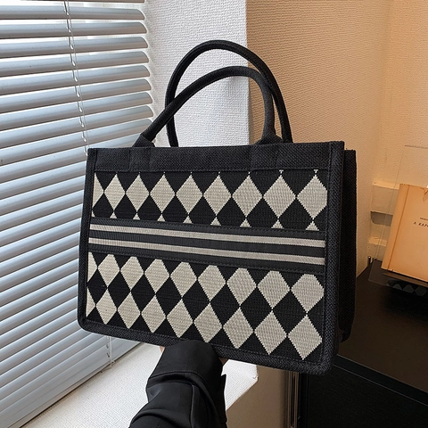 Women Argyle Canvas Tote Bag Large Capacity Jacquard Handbag Retro Diamond Lattice Top Handle Shoulder Bag Urban Simple