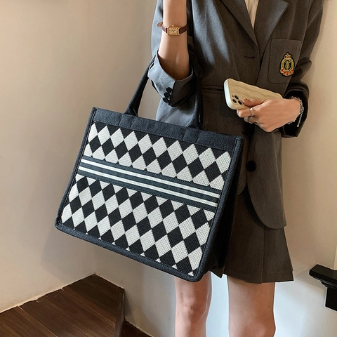 Women Argyle Canvas Tote Bag Large Capacity Jacquard Handbag Retro Diamond Lattice Top Handle Shoulder Bag Urban Simple