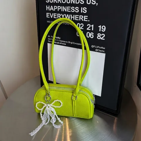 Boston Bag For Women PU Leather Lychee Pattern Crossbody Shoulder Bag Artificial Pearl Lace Bow Pendant Korean Retro Style