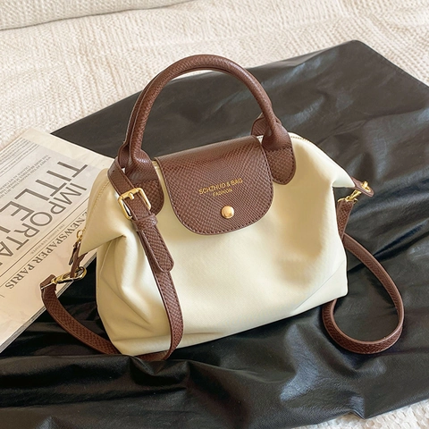 Women Nylon Handbag With Leather Texture Trim Dumpling Shape Tote Lightweight Crossbody Bag For Daily Commuting Retro Style