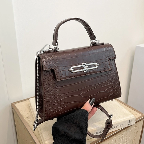 Women Crocodile Pattern Small Square Bag PU Leather Kelly Bag Fashion Handbag Shoulder Crossbody Bag With Metal Chain Strap