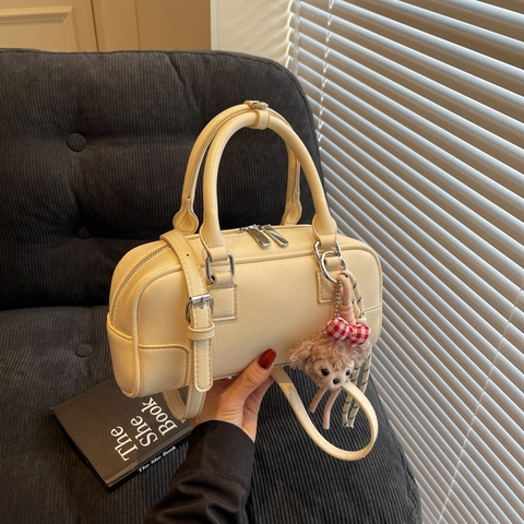 Sac Boston Femme Simili Cuir Sac Oreiller Main Bandoulière Double Fermeture Éclair Style Coréen Minimaliste