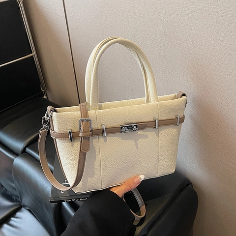 Borsa A Tracolla Da Donna In Pelle PU Grana Litchi Elegante Borsa A Mano Grande Capacità Tote Con Chiusura A Girello