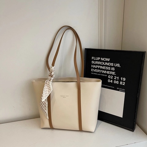 Women Large Capacity PU Leather Tote Bag Minimalist Shoulder Handbag With Decorative Scarf For Commuting Daily Use