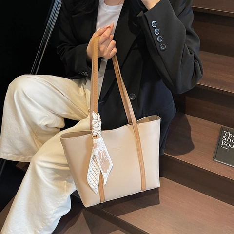 Women Large Capacity PU Leather Tote Bag Minimalist Shoulder Handbag With Decorative Scarf For Commuting Daily Use