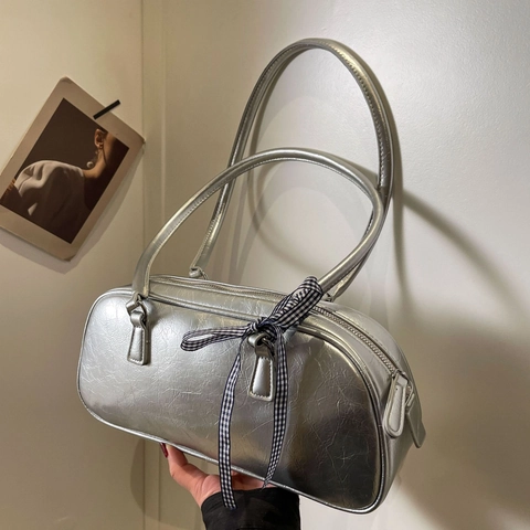 Dames PU Lederen Okseltas Met Geruite Strik Koreaanse Stijl Niche Schoudertas Handtas Retro