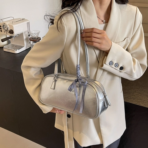 Dames PU Lederen Okseltas Met Geruite Strik Koreaanse Stijl Niche Schoudertas Handtas Retro