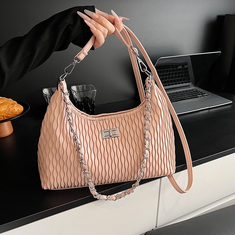 Borsa A Spalla Donna Pelle PU Plissettata Catena Argento Elegante Chiusura A Girello Tracolla Sottobraccio Versatile Trendy