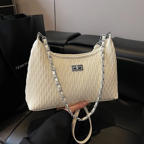Borsa A Spalla Donna Pelle PU Plissettata Catena Argento Elegante Chiusura A Girello Tracolla Sottobraccio Versatile Trendy