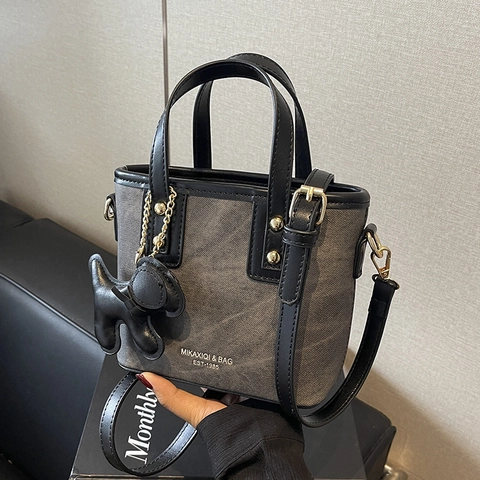 Mini Borsa A Secchiello Retrò Da Donna Tela PU Patchwork Borsa A Mano Tracolla Con Ciondolo A Forma Di Cane Tracolla Regolabile Street Style