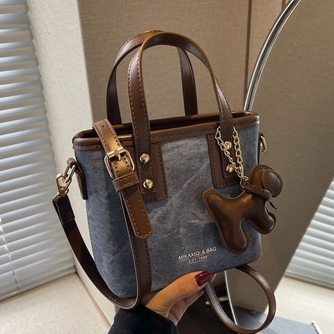 Mini Borsa A Secchiello Retrò Da Donna Tela PU Patchwork Borsa A Mano Tracolla Con Ciondolo A Forma Di Cane Tracolla Regolabile Street Style