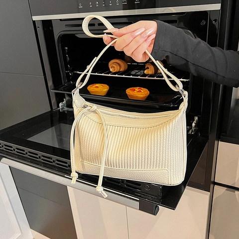 Ruched Underarm Bag For Women PU Leather Vertical Pleated Shoulder Bag With Drawstring Minimalist Chic Handbag Daily Casual