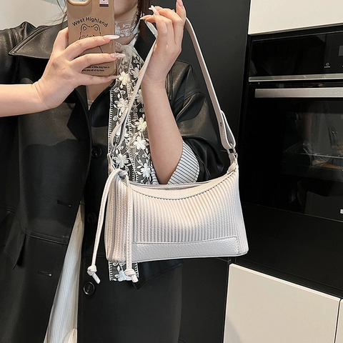 Ruched Underarm Bag For Women PU Leather Vertical Pleated Shoulder Bag With Drawstring Minimalist Chic Handbag Daily Casual