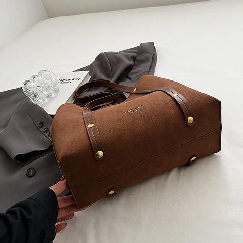 Vintage Große Tote Bag Matte Wildleder PU Leder Elegant Büro Pendeln Schulter Handtasche Für Damen Goldene Nieten