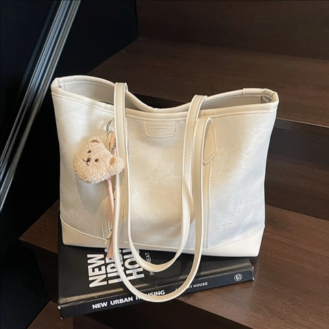 Große Tote Bag Damen PU Leder Marmor Textur Reißverschluss Chic Handtasche Mit Plüschbär Anhänger Quaste