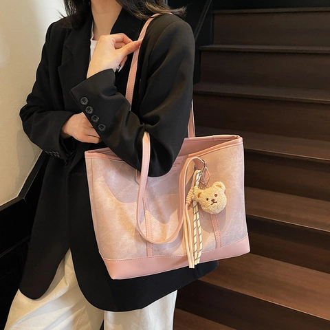 Große Tote Bag Damen PU Leder Marmor Textur Reißverschluss Chic Handtasche Mit Plüschbär Anhänger Quaste