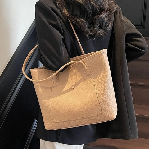 Grote Dames Tote Bag PU Leer Met Kiezelpatroon Eenvoudige Forenzen Schoudertas Met Voorvak En Ritssluiting