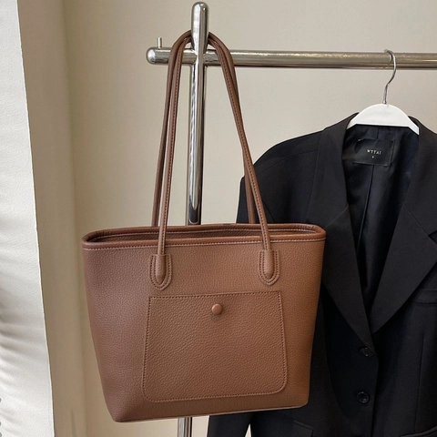 Grote Dames Tote Bag PU Leer Met Kiezelpatroon Eenvoudige Forenzen Schoudertas Met Voorvak En Ritssluiting