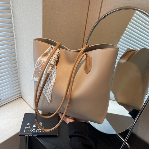 PU Leather Tote Bag Large Capacity Commuter Shoulder Bag With Decorative Scarf Solid Color Simple Elegant For Women