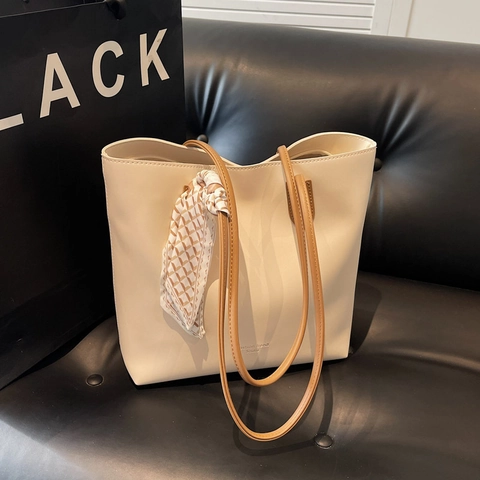 PU Leather Tote Bag Large Capacity Commuter Shoulder Bag With Decorative Scarf Solid Color Simple Elegant For Women