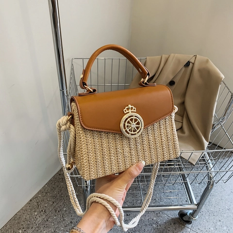 Women Straw PU Leather Stitching Crossbody Bag Retro Square Box Handbag Cotton Rope Strap Summer Beach Vacation Lock