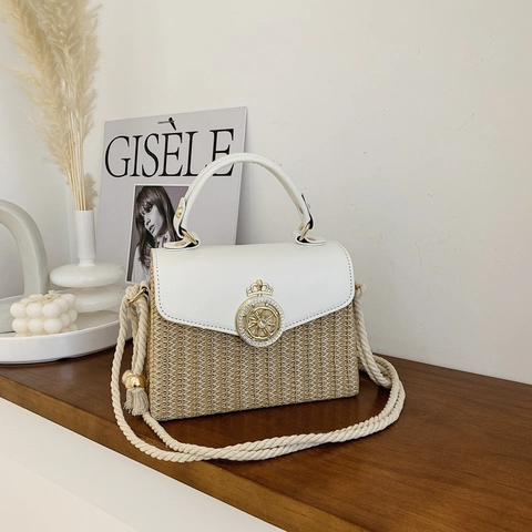 Women Straw PU Leather Stitching Crossbody Bag Retro Square Box Handbag Cotton Rope Strap Summer Beach Vacation Lock
