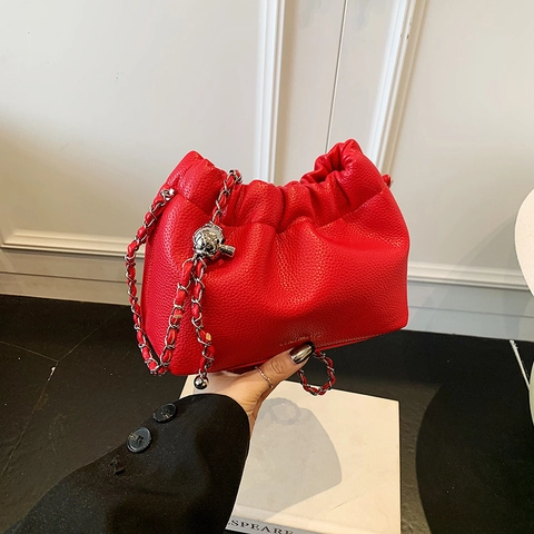 Borsa A Tracolla Nuvola Arricciata PU Motivo Litchi Borsa A Spalla Pieghettata Con Catena Per Donna Casuale Versatile Chic