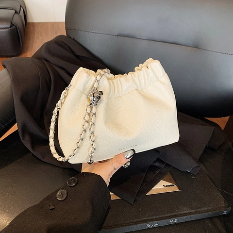 Borsa A Tracolla Nuvola Arricciata PU Motivo Litchi Borsa A Spalla Pieghettata Con Catena Per Donna Casuale Versatile Chic