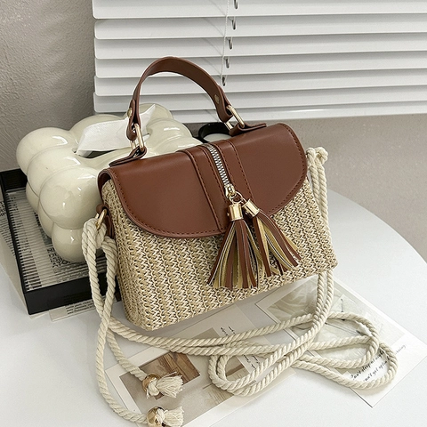 Women Straw Crossbody Bag PU Leather Patchwork Tassel Handbag Summer Beach Bohemian Small Square Purse