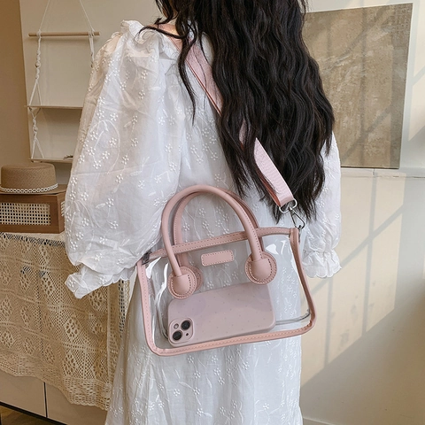Transparente PVC Umhängetasche Mit PU Lederbesatz Doppelten Griffen Verstellbarem Breitbandriemen Für Damen Strandurlaub
