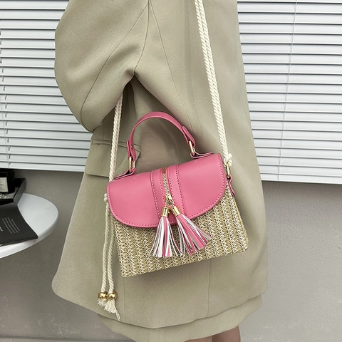 Women Straw Crossbody Bag PU Leather Patchwork Tassel Handbag Summer Beach Bohemian Small Square Purse