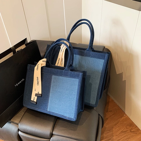 Borsa Tote Tela Denim Patchwork Grande Capacità Nastro Decorativo Donna Pendolare Quotidiano Casual Borsa A Spalla