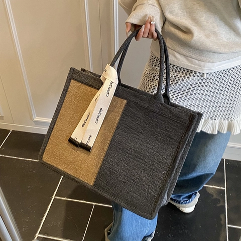 Borsa Tote Tela Denim Patchwork Grande Capacità Nastro Decorativo Donna Pendolare Quotidiano Casual Borsa A Spalla
